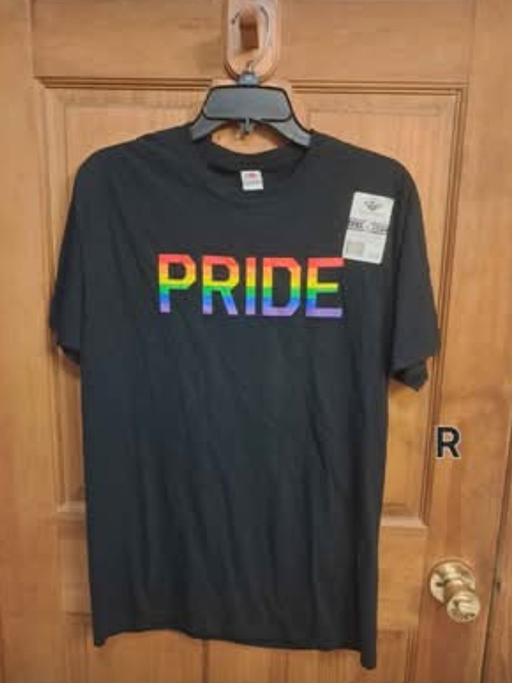 Fruit of the Loom Black T-Shirt with Rainbow PRIDE Text